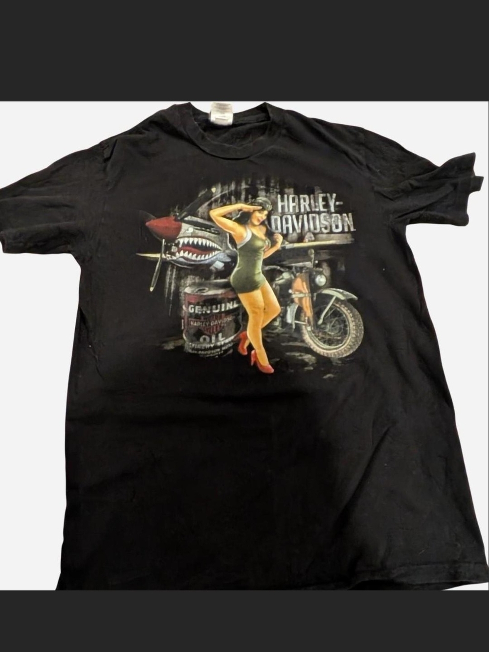 Harley-Davidson Black Tee with Pin-Up and Motorcycle/Aviation Graphic